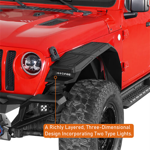 Road Trip Aluminum Front Fender Flares w/ LED Lights For 2018-2024 Jeep Wrangler JL & Gladiator JT - LandShaker-6