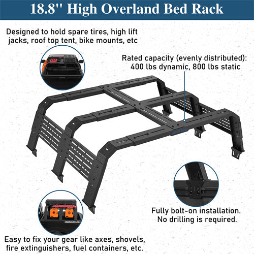 18.8" High Overland Bed Rack For 2007-2023 Toyota Tundra / 2005-2023 Tacoma(6' Bed) / 2009-2023 Ford F-150 & Raptor / 2009-2023 Ram 1500 - Landshaker4x4