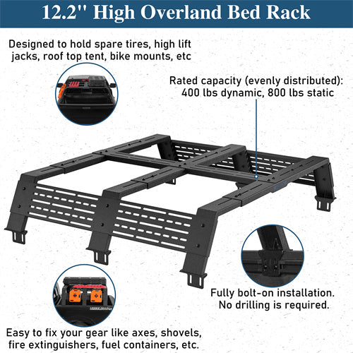 12.2" High Overland Bed Rack For 2007-2023 Toyota Tundra / 2005-2023 Tacoma(6' Bed) / 2009-2023 Ford F-150 & Raptor / 2009-2003 Ram 1500 - Landshaker4x4