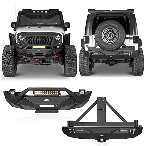 Blade Front Bumper w/ 60W Work Light Bar & Different Trail Rear Bumper w/Tire Carrier Combo Kit for 2007-2018 Jeep Wrangler JK JKU - LandShaker 4x4 LSG.2031+2029 1