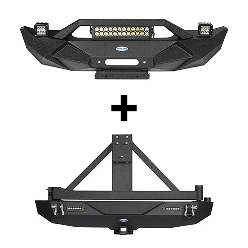 Blade Front Bumper w/ 60W Work Light Bar & Different Trail Rear Bumper w/Tire Carrier Combo Kit for 2007-2018 Jeep Wrangler JK JKU - LandShaker 4x4 LSG.2031+2029 2