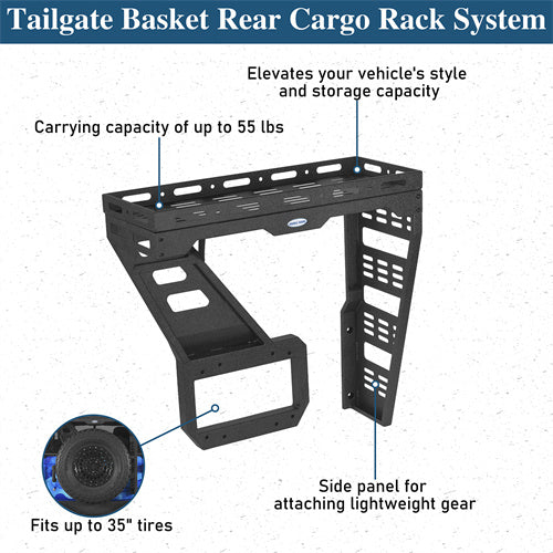 Tailgate Basket Rear Cargo Rack System For 2018-2025 Jeep Wrangler JL - Landshaker4x4