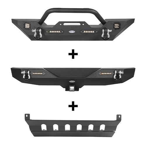 Jeep JK Mid Width Front Bumper & Rear Bumper & Front Skid Plate for 2007-2018 Jeep Wrangler JK - LandShaker 4x4 LSG.3018+2030+2042 2