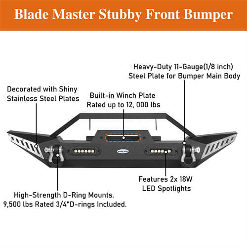 Blade Master Stubby Front Bumper w/Winch Plate & LED Accent Lights For 1987-2006 Jeep Wrangler TJ YJ-LandShaker
