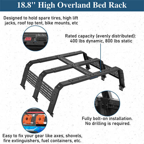 18.8" High Overland Bed Rack For 2020-2025 Jeep Gladiator JT / 2005-2023 Toyota Tacoma(5' Bed) / 2019-2025 Ford Ranger - Landshaker4x4