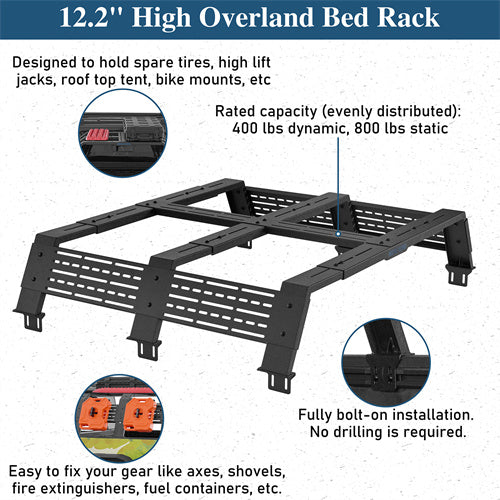 12.2" High Overland Bed Rack For 2020-2025 Jeep Gladiator JT / 2005-2023 Toyota Tacoma(5' Bed) / 2019-2025 Ford Ranger - Landshaker4x4