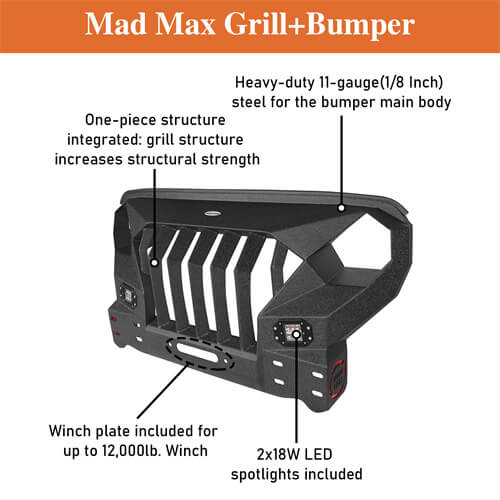 Front Bumper w/Grille Guard & Winch plate for 2007-2018 Jeep Wrangler JK- LandShaker 4x4 LSG.2038 13