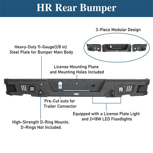 Durable Rear Bumper w/LED Lights(09-18 Dodge Ram 1500)-LandShaker