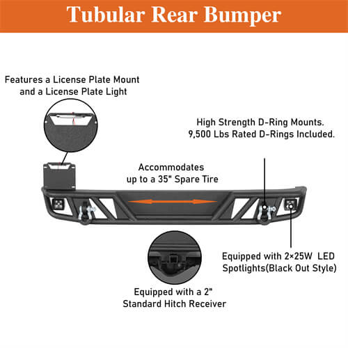 Tubular Rear Bumper w/LED Spotlights For 2007-2018 Jeep Wrangler JK - Landshaker4x4
