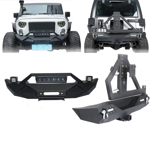 Blade Stubby Front Bumper w/ 60W Work Light Bar & Different Trail Rear Bumper w/Tire Carrier Combo(07-18 Jeep Wrangler JK JKU)-LandShaker