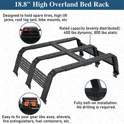 18.8" High Overland Bed Rack For 2007-2023 Toyota Tundra / 2005-2023 Tacoma(6' Bed) / 2009-2023 Ford F-150 & Raptor / 2009-2023 Ram 1500 - Landshaker4x4