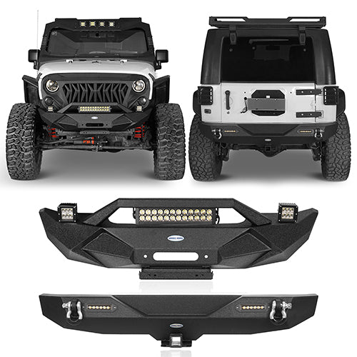 Blade Front Bumper w/ 60W Work Light Bar & Different Trail Rear Bumper Combo Kit for 2007-2018 Jeep Wrangler JK JKU - LandShaker 4x4 LSG.2031+2030 1