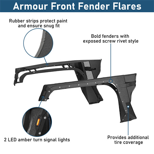 Armour Front Fender Flares w/ LED Turn Signal Lights For 2018-2025 Jeep Wrangler JL / Gladiator JT - Landshaker4x4