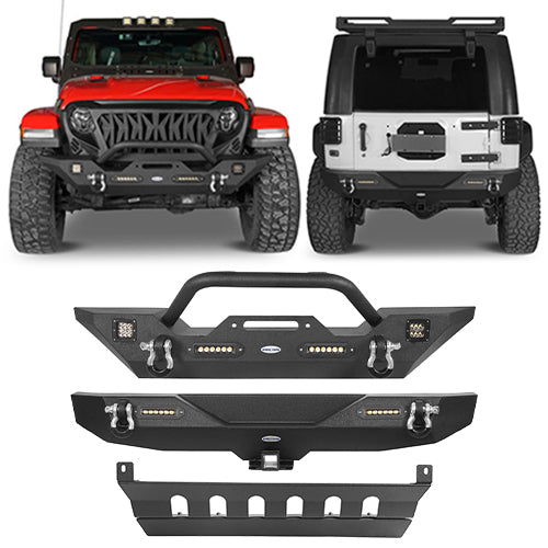 Jeep JK Mid Width Front Bumper & Rear Bumper & Front Skid Plate for 2007-2018 Jeep Wrangler JK - LandShaker 4x4 LSG.3018+2030+2042 1