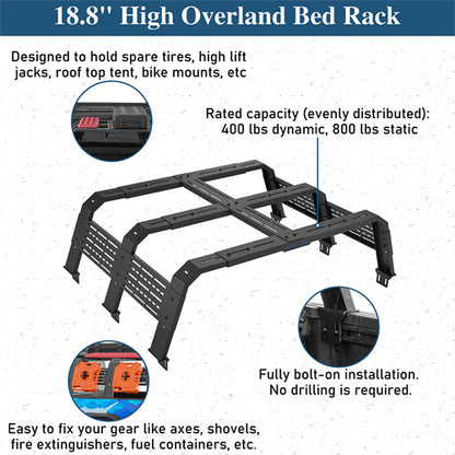 18.8" High Overland Bed Rack For 2020-2025 Jeep Gladiator JT / 2005-2023 Toyota Tacoma(5' Bed) / 2019-2025 Ford Ranger - Landshaker4x4