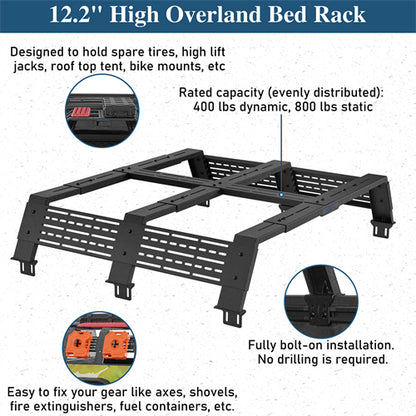 12.2" High Overland Bed Rack For 2020-2025 Jeep Gladiator JT / 2005-2023 Toyota Tacoma(5' Bed) / 2019-2025 Ford Ranger - Landshaker4x4