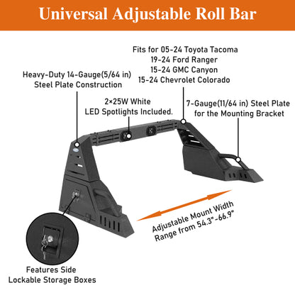 LandShaker Adjustable Roll Bar 20.7" High w/ LED Spotlights & Storage Boxes For Mid-Size Pickup Trucks lsg9911s 11