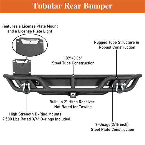 Road Trip Tubular Rear Bumper w/ License Plate Mount For 1997-2006 Jeep Wrangler TJ - LandShaker4x4