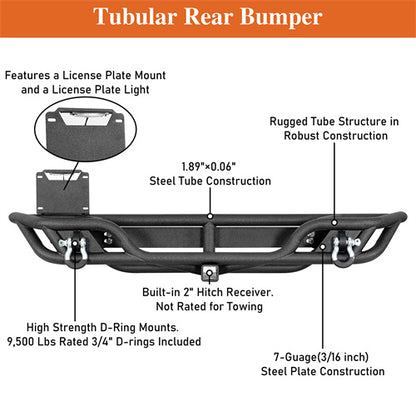 Road Trip Tubular Rear Bumper w/ License Plate Mount For 1997-2006 Jeep Wrangler TJ - LandShaker4x4