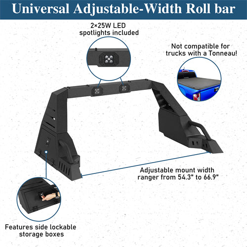 20.7" High Adjustable Roll Bar For 05-25 Toyota Tacoma | 19-25 Ford Ranger | 15-25 GMC Canyon | 15-26 Chevrolet Colorado - Landshaker4x4