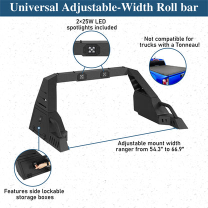 20.7" High Adjustable Roll Bar For 05-25 Toyota Tacoma | 19-25 Ford Ranger | 15-25 GMC Canyon | 15-26 Chevrolet Colorado - Landshaker4x4
