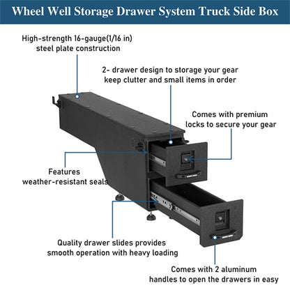 Wheel Well Storage Drawer System Truck Side Box For 2015-2022 Chevy Colorado GMC Canyon 5'2" Bed - LandShaker