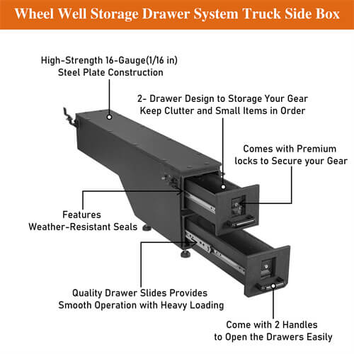Wheel Well Storage Drawer System Truck Side Box For 2015-2022 Chevy Colorado GMC Canyon 5'2" Bed - LandShaker