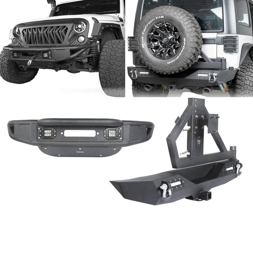 Lotus Tubular Stubby Front Bumper & Different Trail Rear Bumper w/Tire Carrier Combo(07-18 Jeep Wrangler JK JKU)-LandShaker