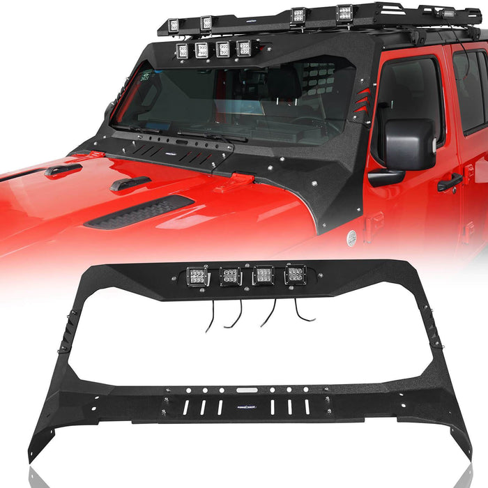 Mad Max Windshield Frame Cover Visor Cowl w/4 x LED Lights Insert(18-24 Jeep Wrangler JL & Gladiator JT(Excluding Mojave))-LandShaker